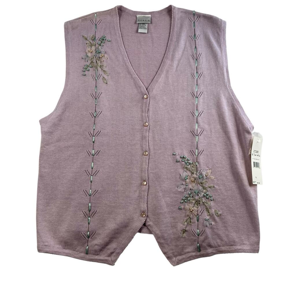 VTG Koret Sz L Knit Sweater Vest Embroidered Floral Cottagecore Granny 90s